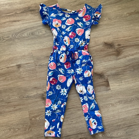 5T Tea Collection Blue Floral Flower Girls Jumpsuit One Piece - Picture 3 of 6